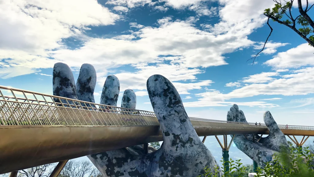 Golden Bridge with Misty Mountains.