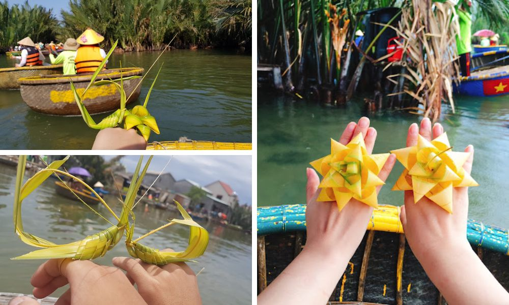 Tourist crafting a coconut leaf souvenir during the best coconut boat tour in Cam Thanh Village, Hội An, engaging with local traditions.